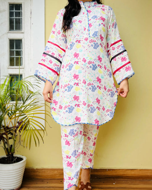 Floral White Printed Pathani Style Coord Set