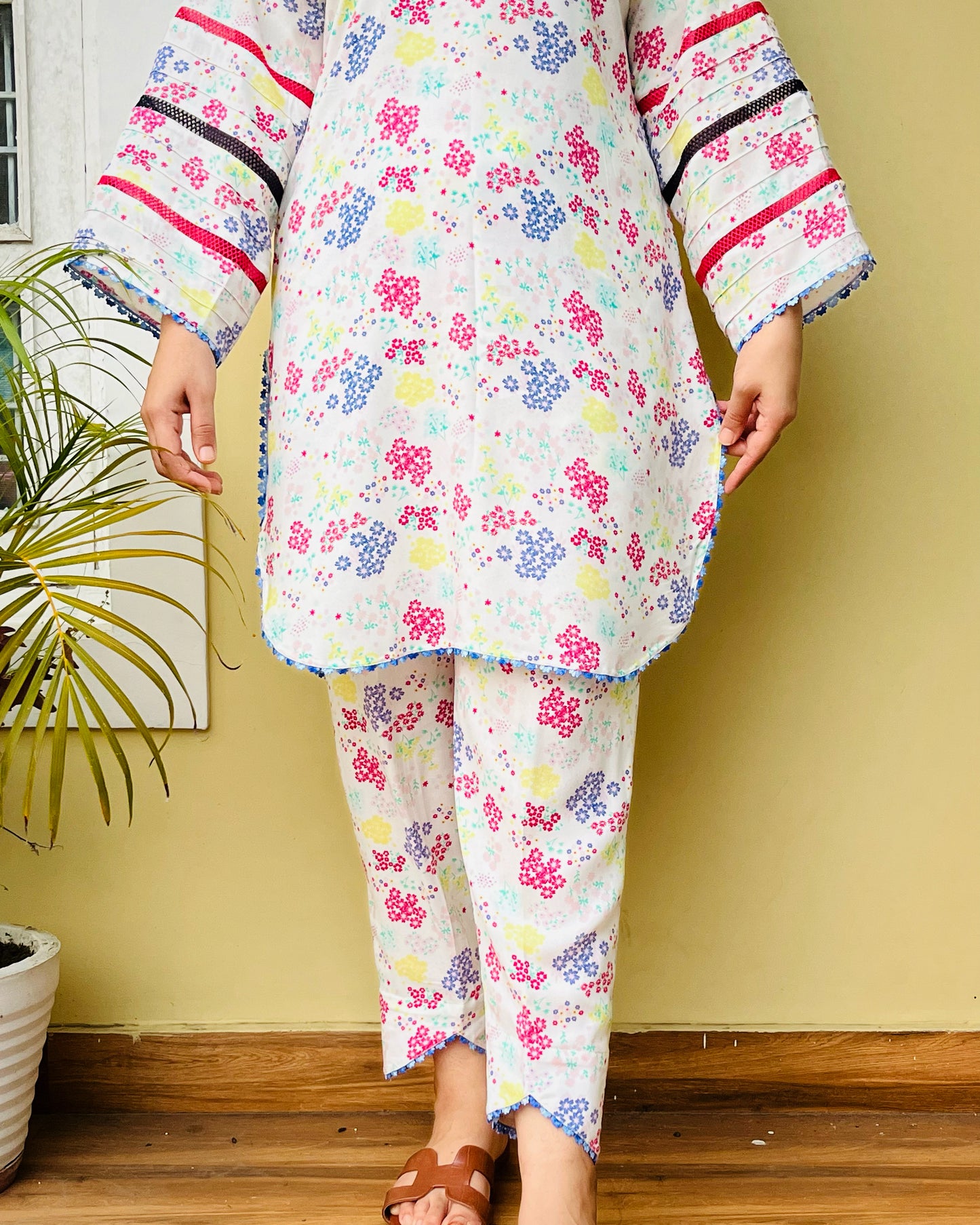 Floral White Printed Pathani Style Coord Set