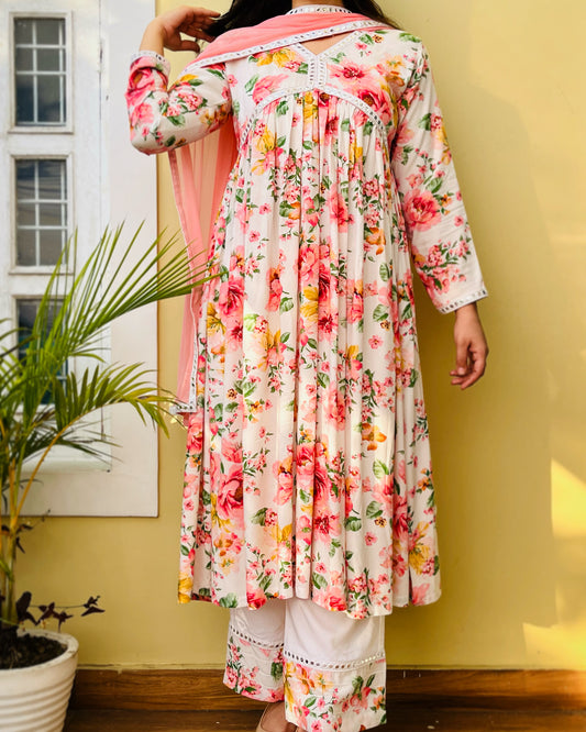 Peach Floral Alia Cut Suit Set