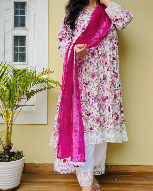 Pink White Anarkali Suit Set