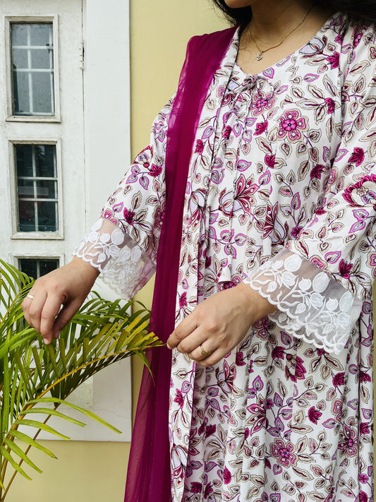 Pink White Anarkali Suit Set