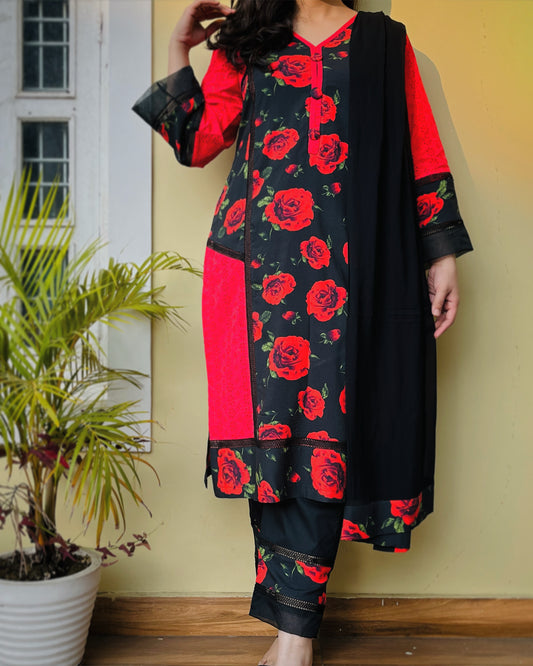 Red & Black Rose Print Chikan Suit Set