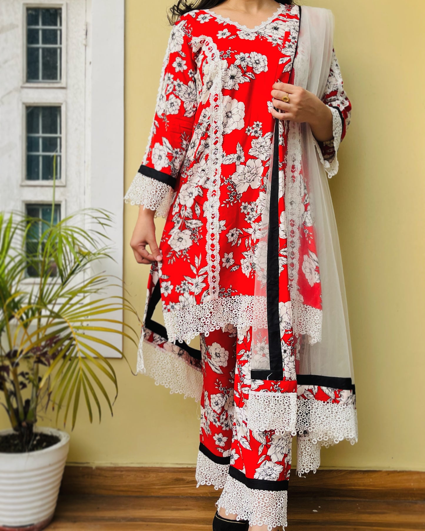 Red & White Floral Suit Set