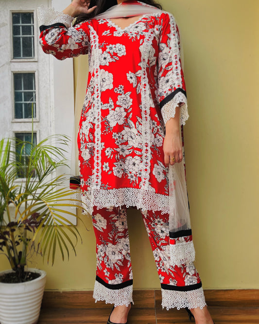 Red & White Floral Suit Set