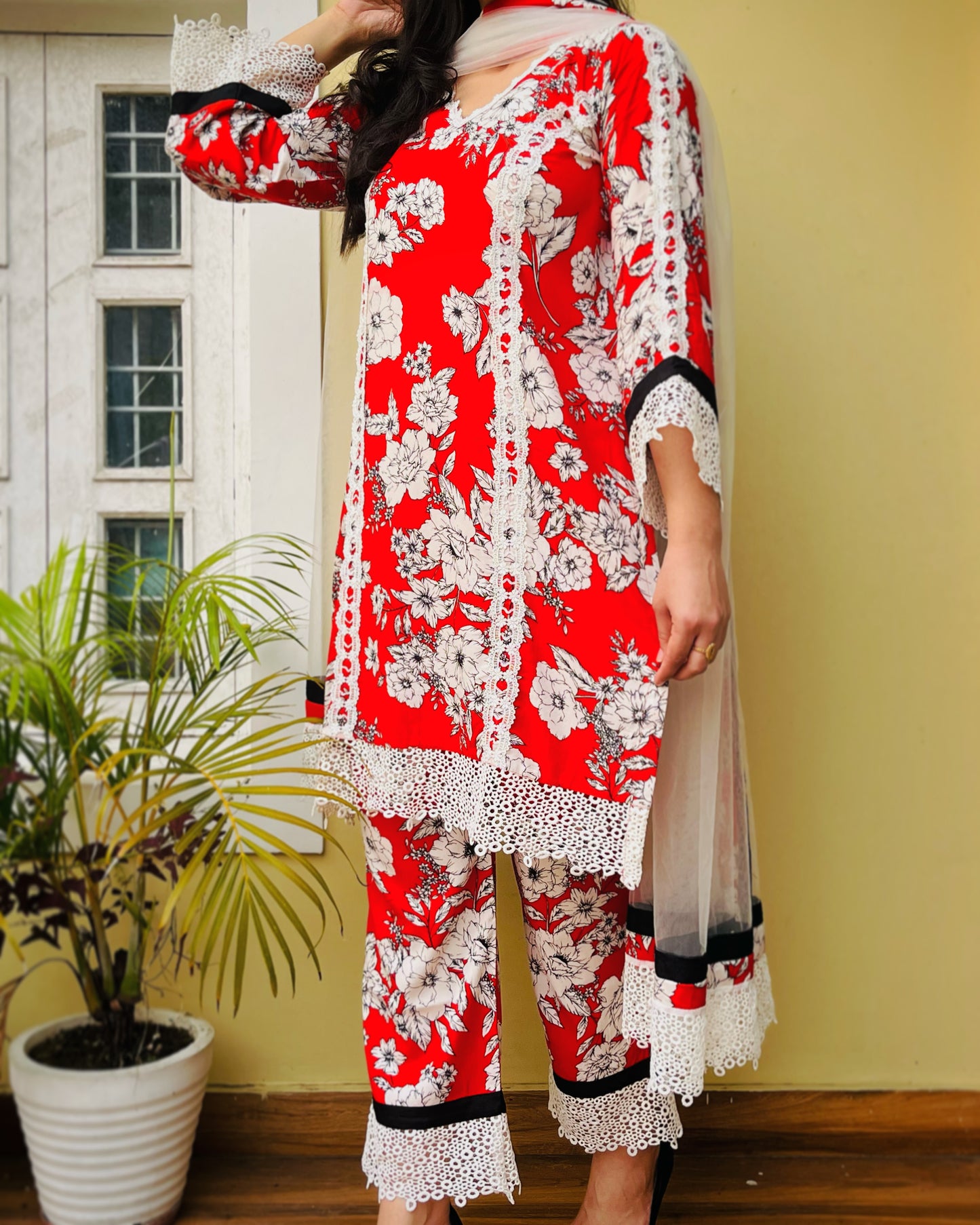 Red & White Floral Suit Set